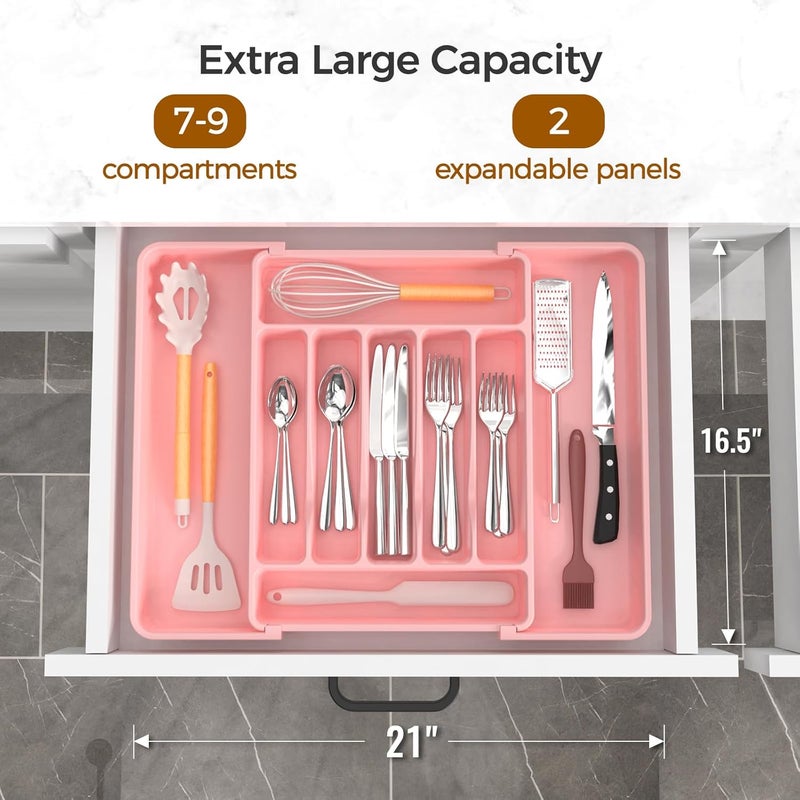ukeetap Extra Large Expandable Silverware Organizer, BPA-Free Food-Safe Cutlery Flatware Organizer, Kitchen Utensil Drawer Organizer, Adjustable Silverware Holder for Spoons Forks Knives, Pink - Image 2